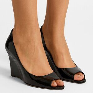 Marvin K Aquatalia Glossy Black Patent Leather 4" Wedge Peep Toe Heels Size 10